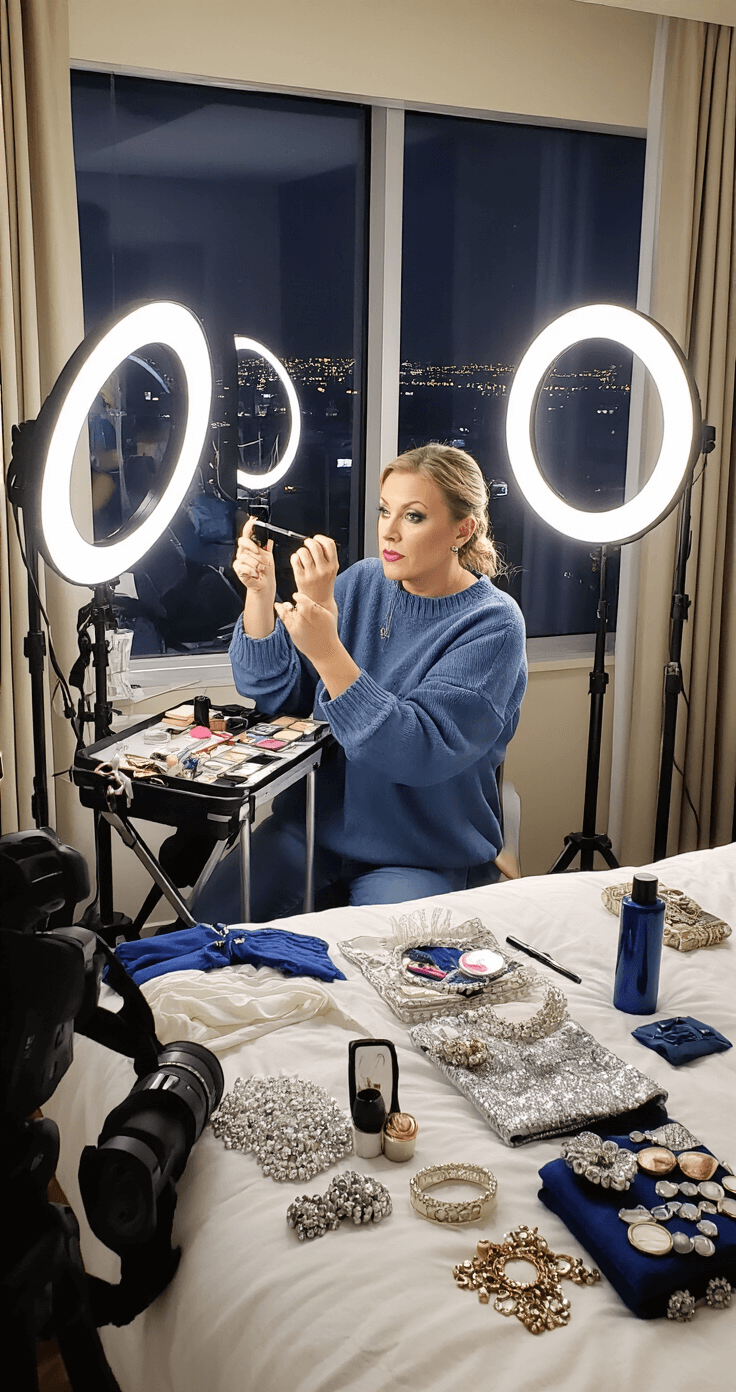 A woman in denim and an oversized sweater applies makeup at a portable station in a hotel room, surrounded by professional photography equipment, costume pieces in midnight blue and silver, organized accessories on the bed, and twinkling city lights visible through the window.