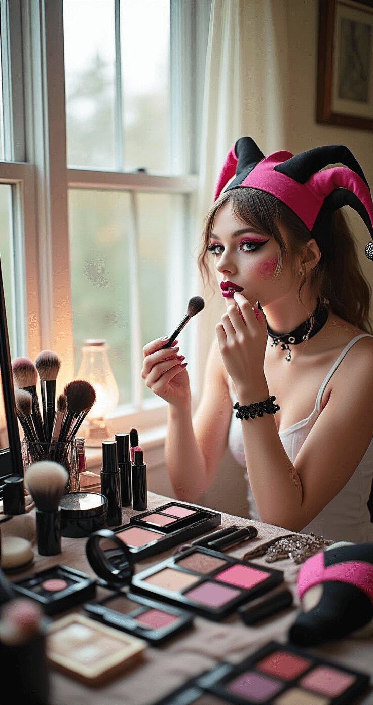 Kuromi Cosplay: Rocking the Punk Sanrio Style A young woman applies punk-inspired makeup at a vintage vanity in a cozy bedroom, illuminated by soft morning light from a nearby window. Organized black and pink cosmetics, hair accessories, and costume pieces are systematically displayed. She wears a black choker and a white base layer, with a jester hat nearby, surrounded by smooth makeup compacts and soft brushes, creating an inviting atmosphere for a lifestyle beauty shot.