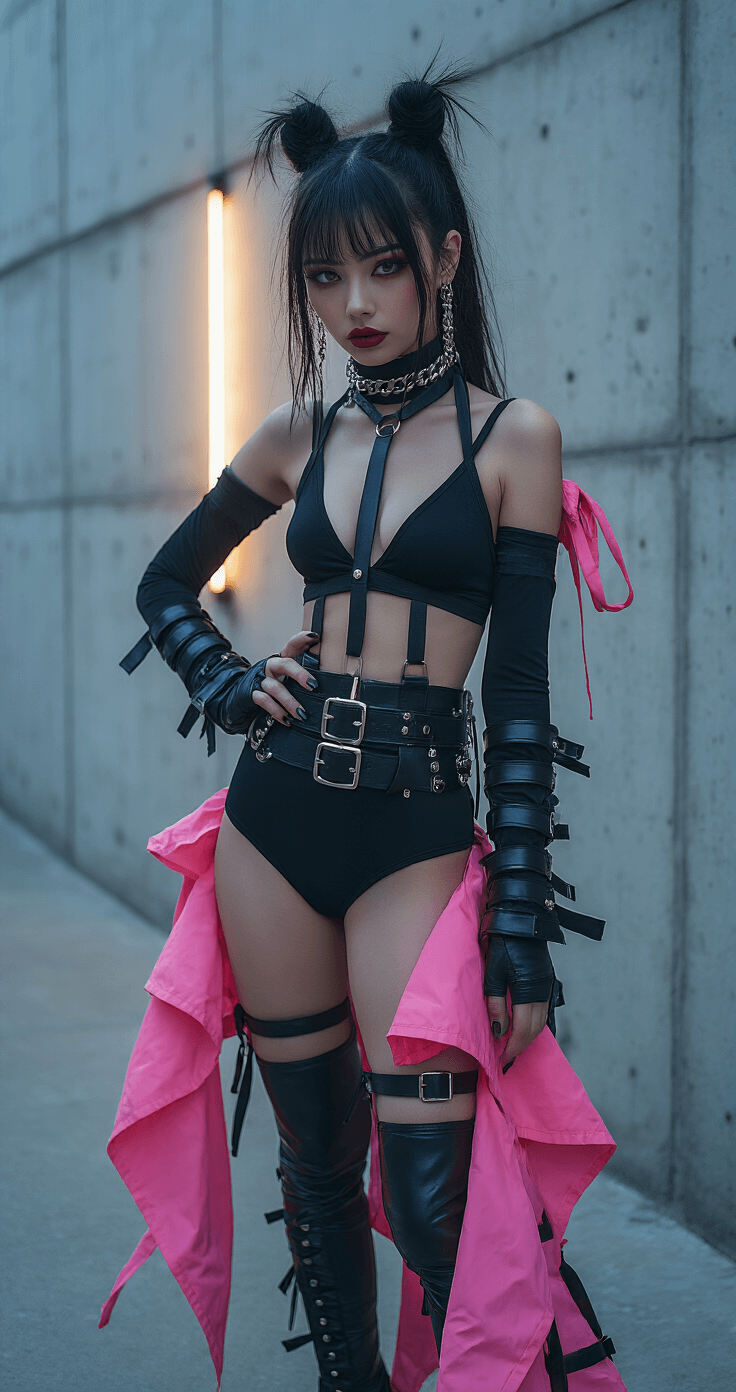 Kuromi Cosplay: Rocking the Punk Sanrio Style A confident model in a punk-kawaii outfit, featuring a black bodysuit and layered accessories, poses in a minimalist urban setting during the blue hour. Bold makeup and pink accents complement the dramatic lighting, highlighting the contrasts between the playful costume and industrial background.
