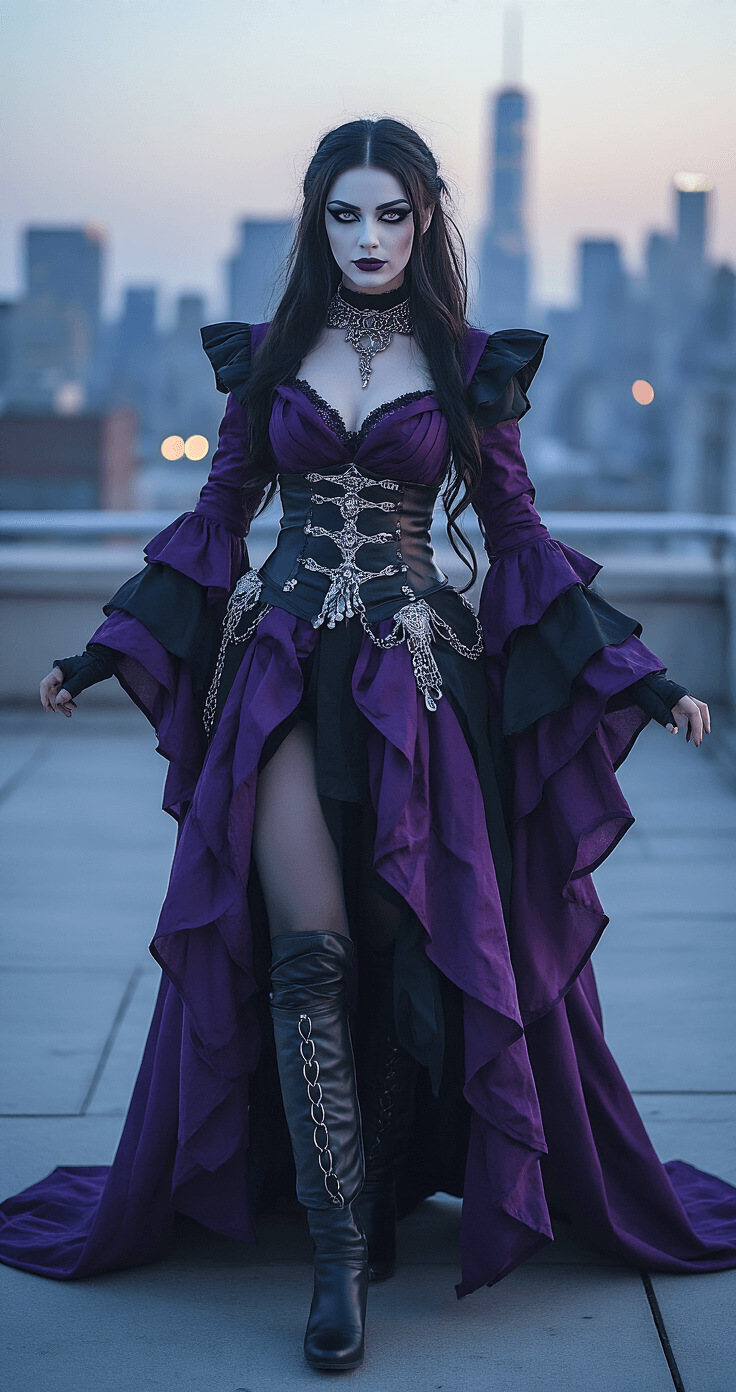 A model in stunning Scaramouche cosplay with deep purple and black layered fabrics, adorned with silver accessories, poses on an urban rooftop at blue hour. The dramatic lighting accentuates sharp winged eyeliner and porcelain skin, surrounded by a bokeh city skyline while flowing costume elements gracefully move in the breeze.