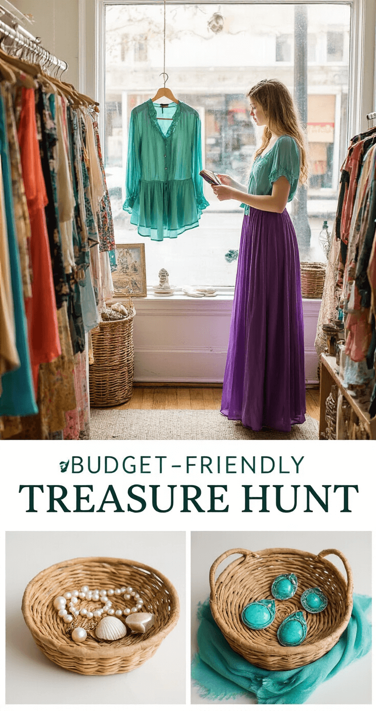 Disney Costumes: Your Ultimate Guide to Magical Dress-Up Magic! A vibrant vintage boutique filled with colorful clothing racks, featuring a model examining a seafoam green silk blouse and a flowing purple maxi skirt. Natural light streams through the glass storefront, illuminating a woven basket filled with pearl jewelry, seashell hair clips, and a turquoise scarf, highlighting a sustainable fashion vibe and a creative treasure hunt atmosphere.