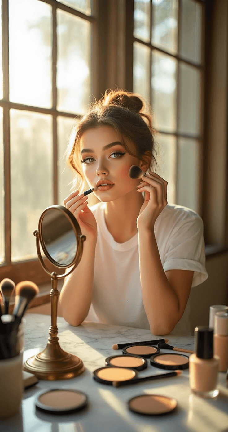 Masculine Cosplay Makeup: Transform Your Look Like a Pro! A young woman in a white cotton t-shirt applies masculine contouring makeup at a vintage vanity mirror, illuminated by natural sunlight. Scattered makeup supplies are arranged on a marble surface, while warm lighting highlights her focused expression and hand movements.