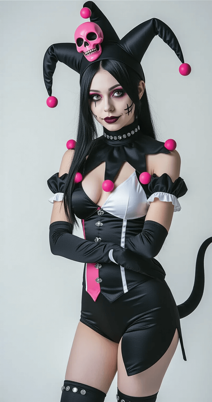 Kuromi Cosplay: Rocking the Punk Sanrio Style A model in a complete Kuromi cosplay poses confidently in a professional studio setup, showcasing a black jester hat with a pink skull, a form-fitting black and white outfit, and all signature accessories, with flawless makeup and dramatic lighting highlighting the costume's textures.