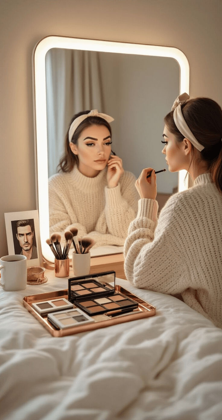 Masculine Cosplay Makeup: Transform Your Look Like a Pro! A woman in an oversized cream knit sweater practices masculine eyebrow techniques at a beautifully organized vanity with a large mirror. Soft morning light fills the cozy bedroom, highlighting neutral tones of beige walls and natural wood furniture. Makeup palettes and brushes are neatly arranged on a rose gold tray, while a coffee mug and scattered reference photos of male cosplay characters add to the authentic morning routine ambiance.