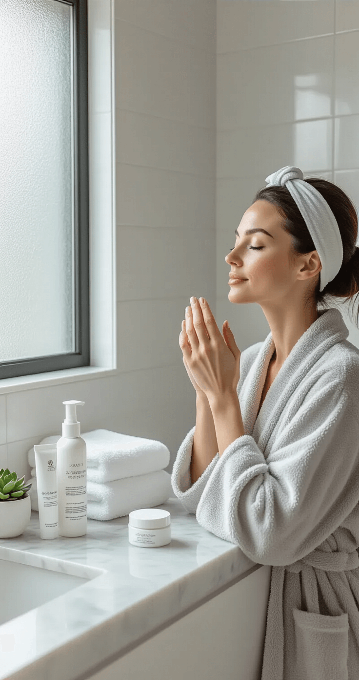 Masculine Cosplay Makeup: Transform Your Look Like a Pro! A serene minimalist bathroom scene with a woman in a gray robe applying moisturizer at a marble countertop, surrounded by skincare products, natural light from a frosted window, emphasizing her glowing skin and tranquil ambiance.