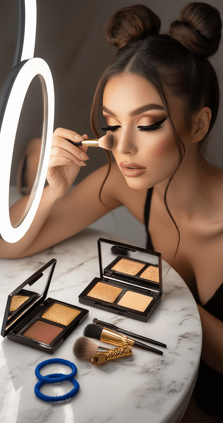 Close-up of a woman applying dramatic bronze eyeshadow and winged eyeliner in a minimalist vanity setup with professional ring lighting, surrounded by hair extensions, makeup brushes, and beauty products on a marble countertop.