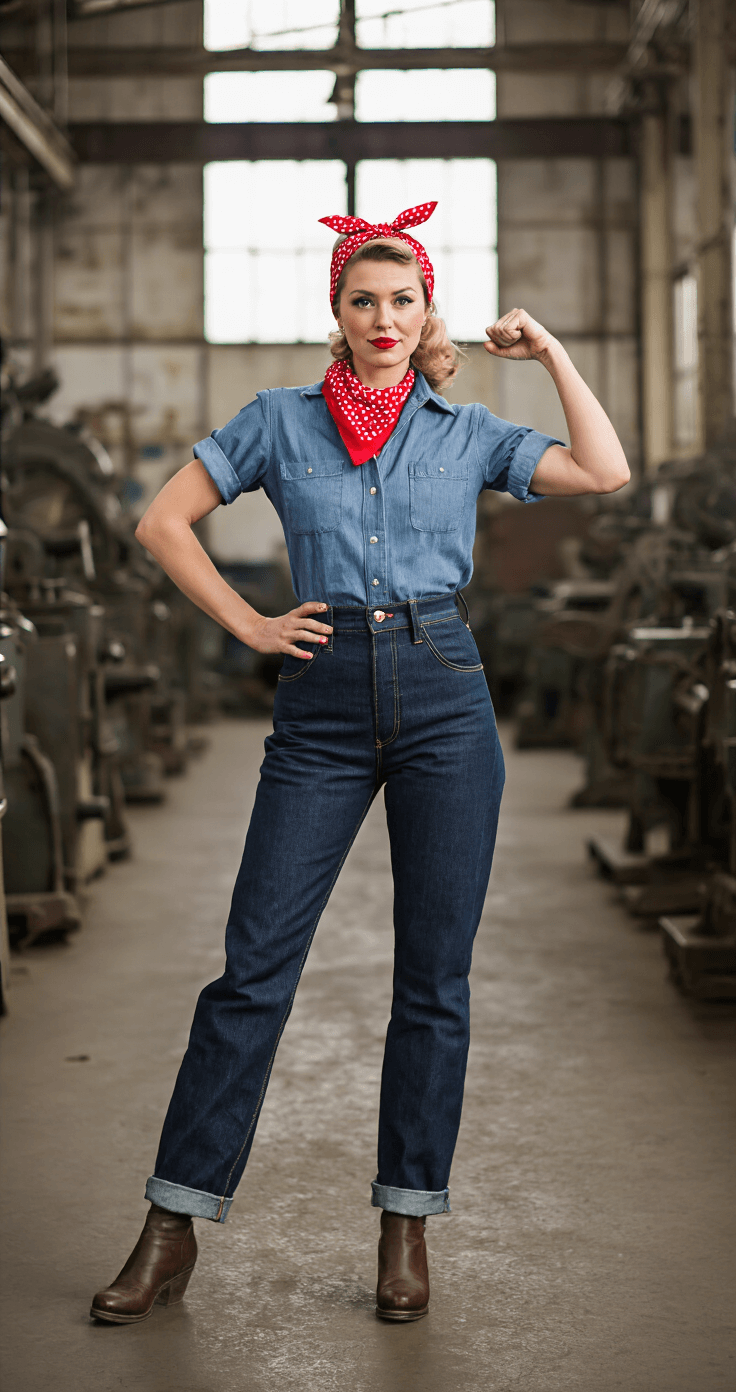 Last-Minute Halloween Costumes: 10 Easy DIY Ideas You Can Create in Minutes A strong woman emulating Rosie the Riveter in a crisp chambray shirt and high-waisted dark wash jeans, confidently flexing her bicep. She wears a red polka dot bandana and vintage-inspired makeup, set against an authentic 1940s factory backdrop with industrial machinery, bathed in bright natural light, capturing the essence of empowerment and resilience.