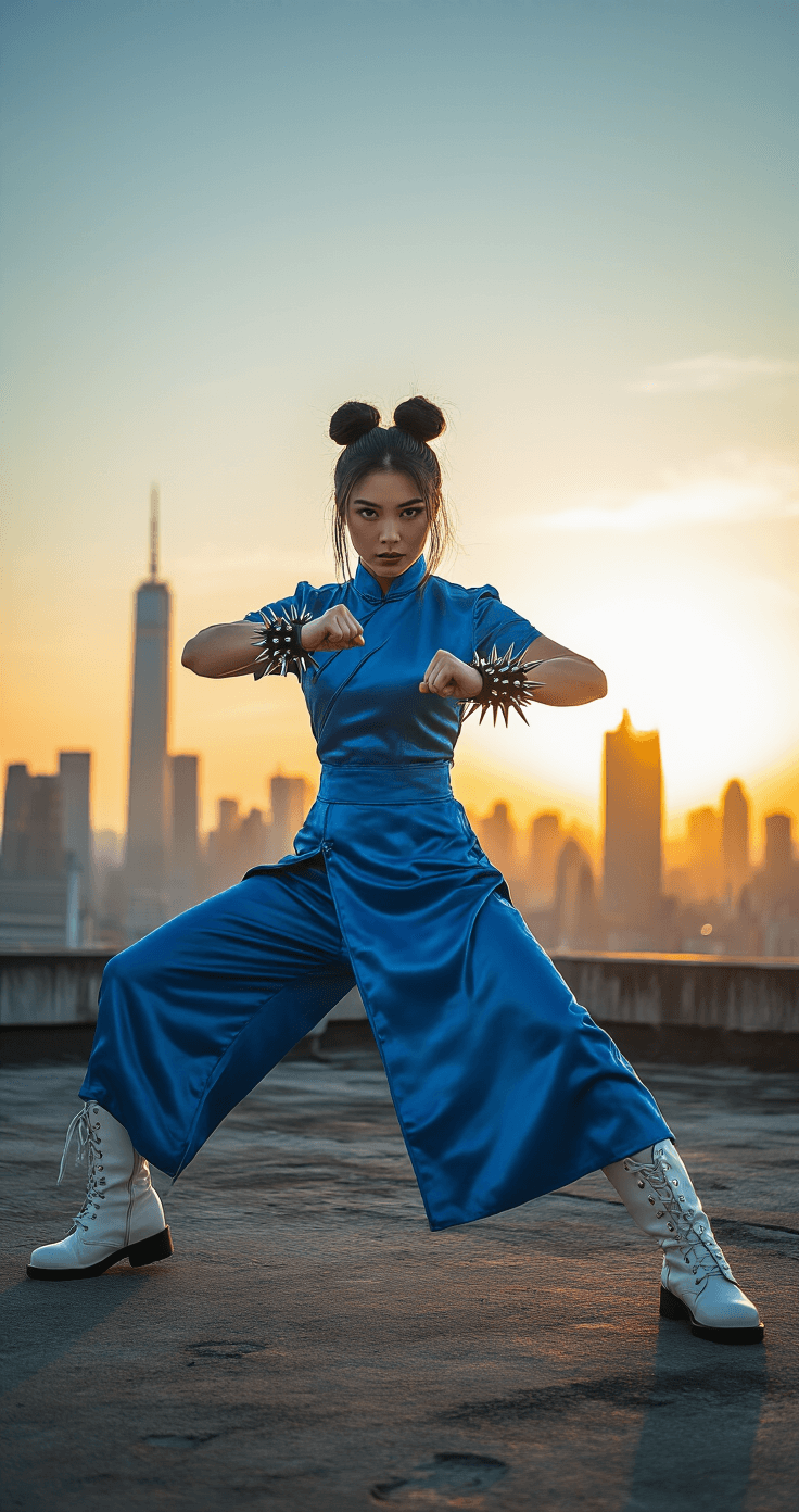 A cosplayer in a blue qipao and white combat boots strikes a dynamic martial arts pose on a gritty urban rooftop during golden hour, with the city skyline in the background. The scene is captured from a low angle, highlighting the silk fabric of her costume, spiked bracelets, and styled hair buns against warm amber lighting.
