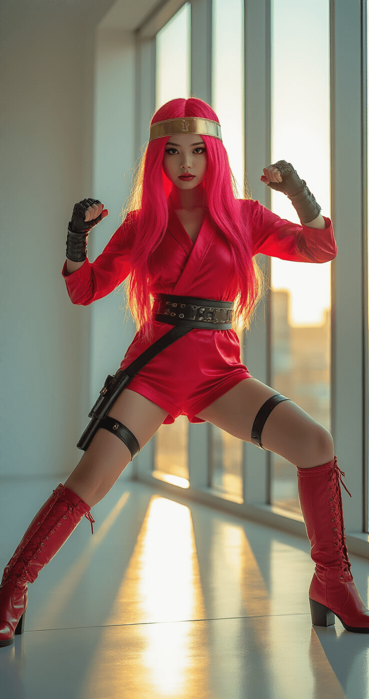 Ultimate Sakura Cosplay A confident young woman in a bright pink wig and red ninja outfit poses dramatically in a modern minimalist studio, showcasing intricate costume details and vibrant colors as golden hour sunlight filters through tall windows.