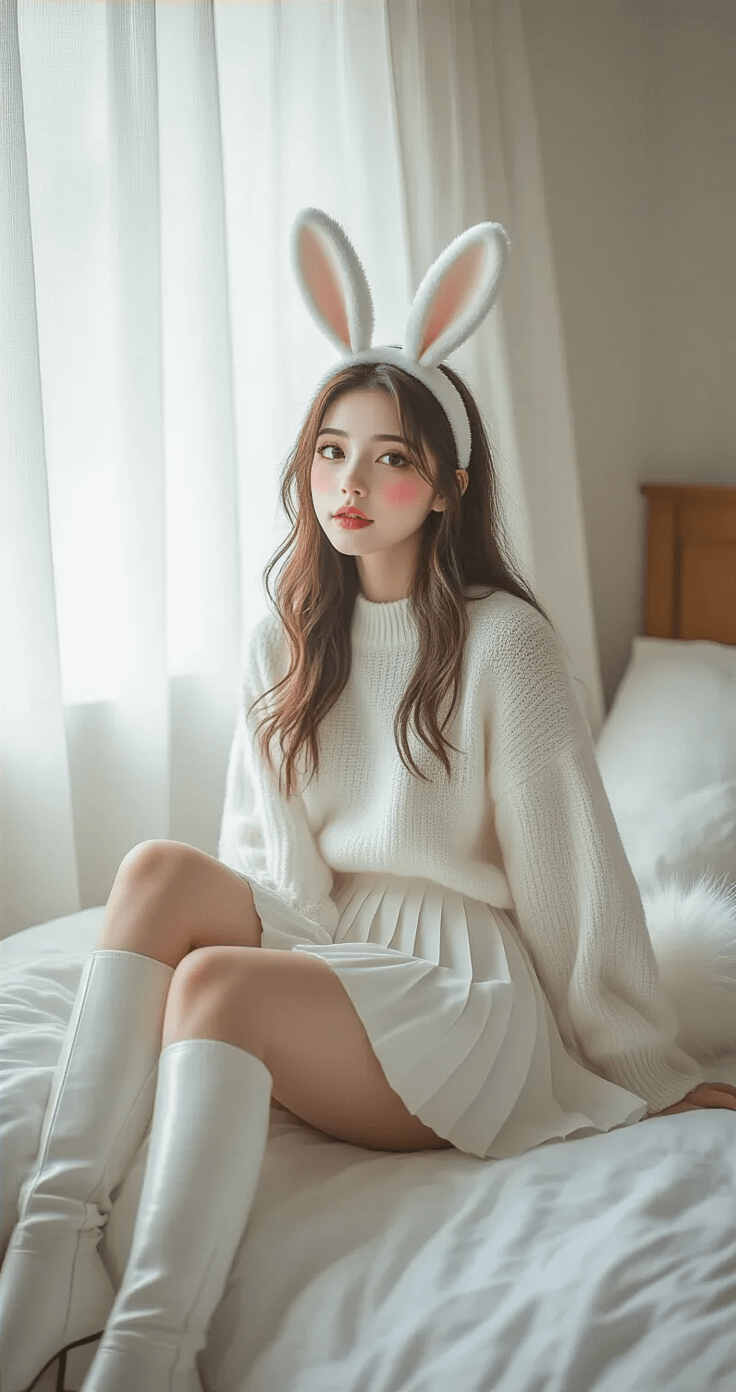 Last-Minute Halloween Costumes: 10 Easy DIY Ideas You Can Create in Minutes A person in a playful bunny costume featuring a soft white cashmere sweater, pleated white mini skirt, and white leather knee-high boots sits on the edge of a minimalist bed. Morning light filters through sheer curtains, illuminating delicate white bunny ears, pink nose makeup, and a fluffy tail accessory against a pure white palette with soft pink accents.