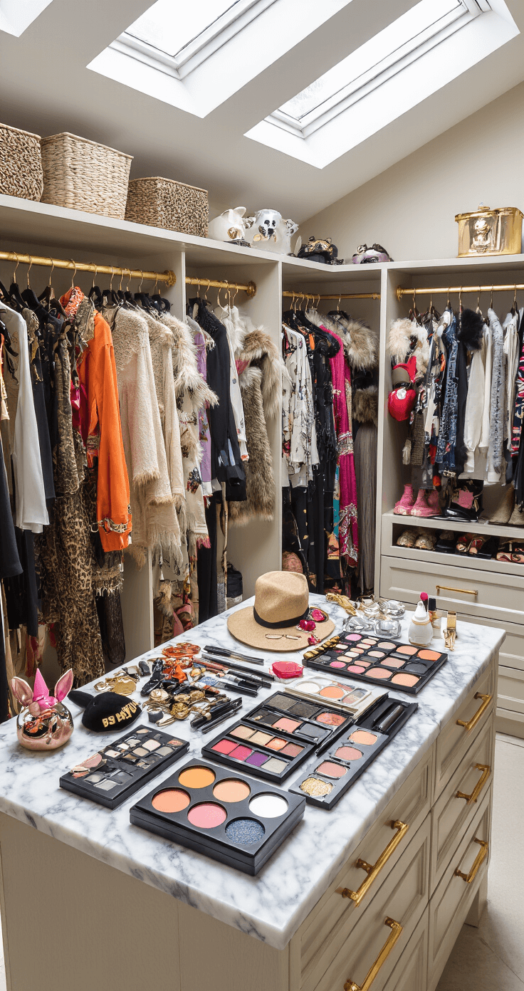Last-Minute Halloween Costumes: 10 Easy DIY Ideas You Can Create in Minutes A neatly organized walk-in closet featuring various Halloween costumes laid out under natural daylight from skylights, with accessories like ears, badges, scarves, and makeup palettes displayed aesthetically. The luxurious marble surfaces and gold fixtures enhance the visual appeal, and an overhead flat lay shot captures the mixed textures of fabrics, metals, and colorful costume accents against neutral tones.