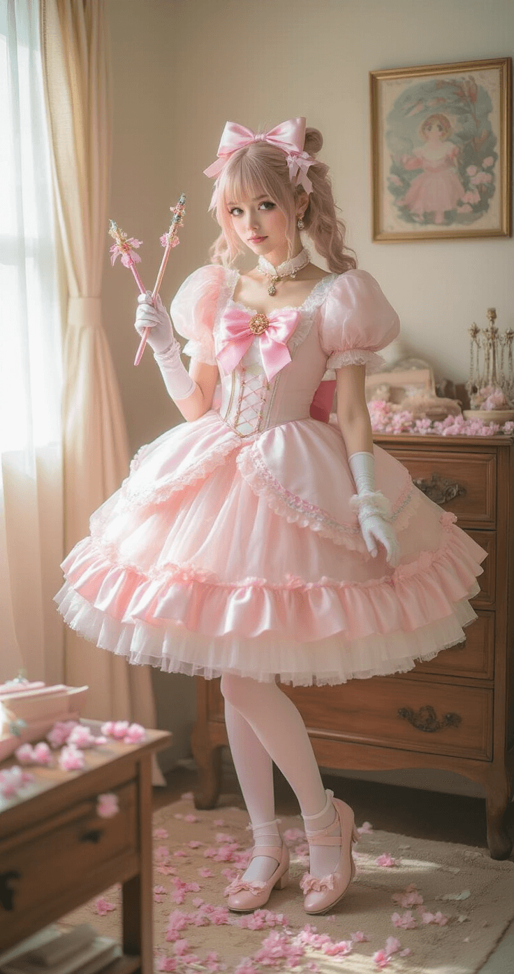 Ultimate Sakura Cosplay A cozy bedroom bathed in soft pastel morning light, featuring a woman in an elaborate pink magical girl costume with a layered tulle dress and satin ribbons. She arranges colorful wands on a vintage wooden dresser adorned with scattered cherry blossom petals, highlighting intricate costume details like lace trim and delicate jewelry.