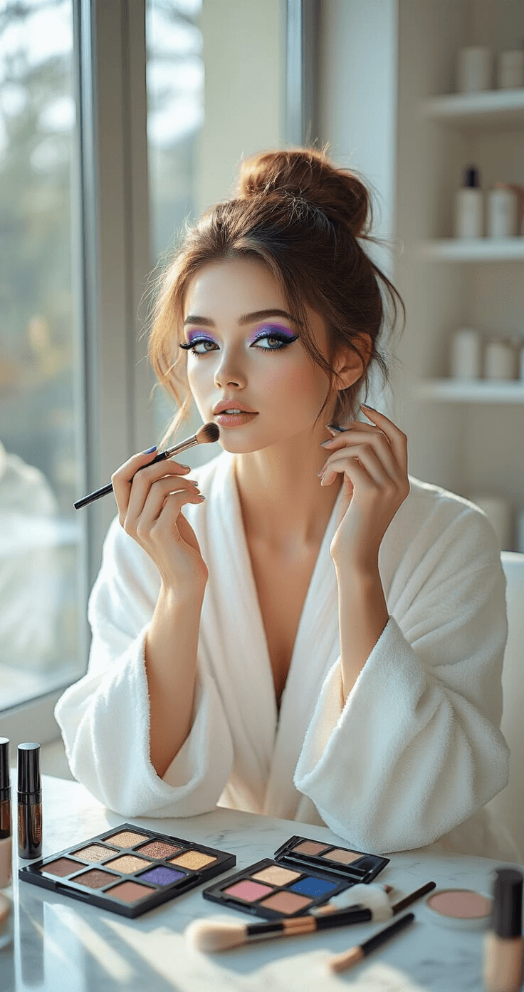 Cosplay Eye Makeup: Transform Your Look with Dramatic Character-Inspired Techniques A female model in a white cotton robe seated at a sleek white vanity, applying anime-inspired eye makeup with vibrant blues and purples, surrounded by high-end makeup products on a marble surface, illuminated by soft golden hour light through floor-to-ceiling windows.