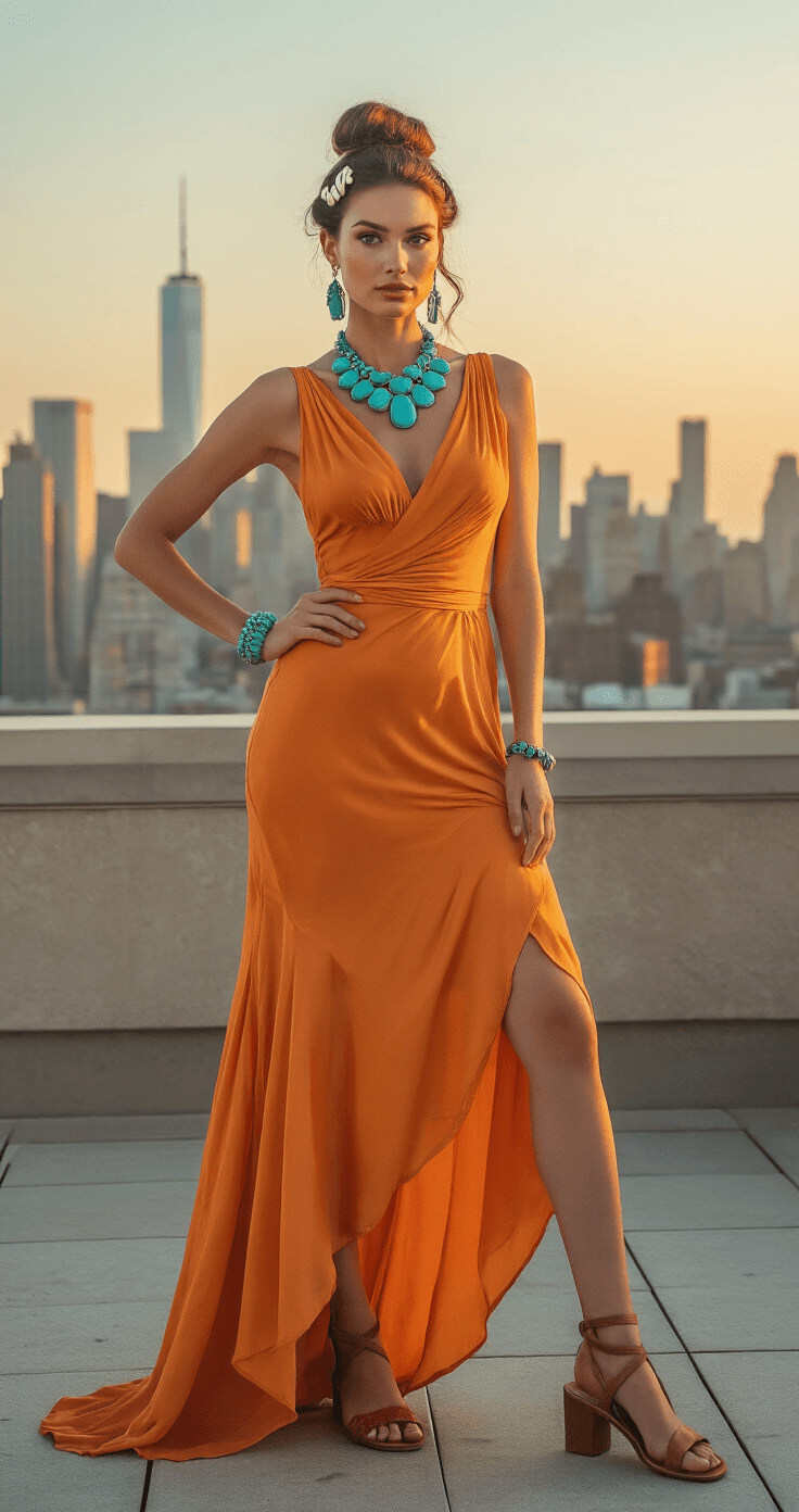 Epic Couples Halloween Costumes: Your Ultimate Guide to Turning Heads This Spooky Season! Stylish woman in a vintage-inspired Wilma Flintstone costume, featuring a flowing orange dress and turquoise accessories, poses confidently on an urban rooftop terrace during golden hour with a city skyline backdrop.