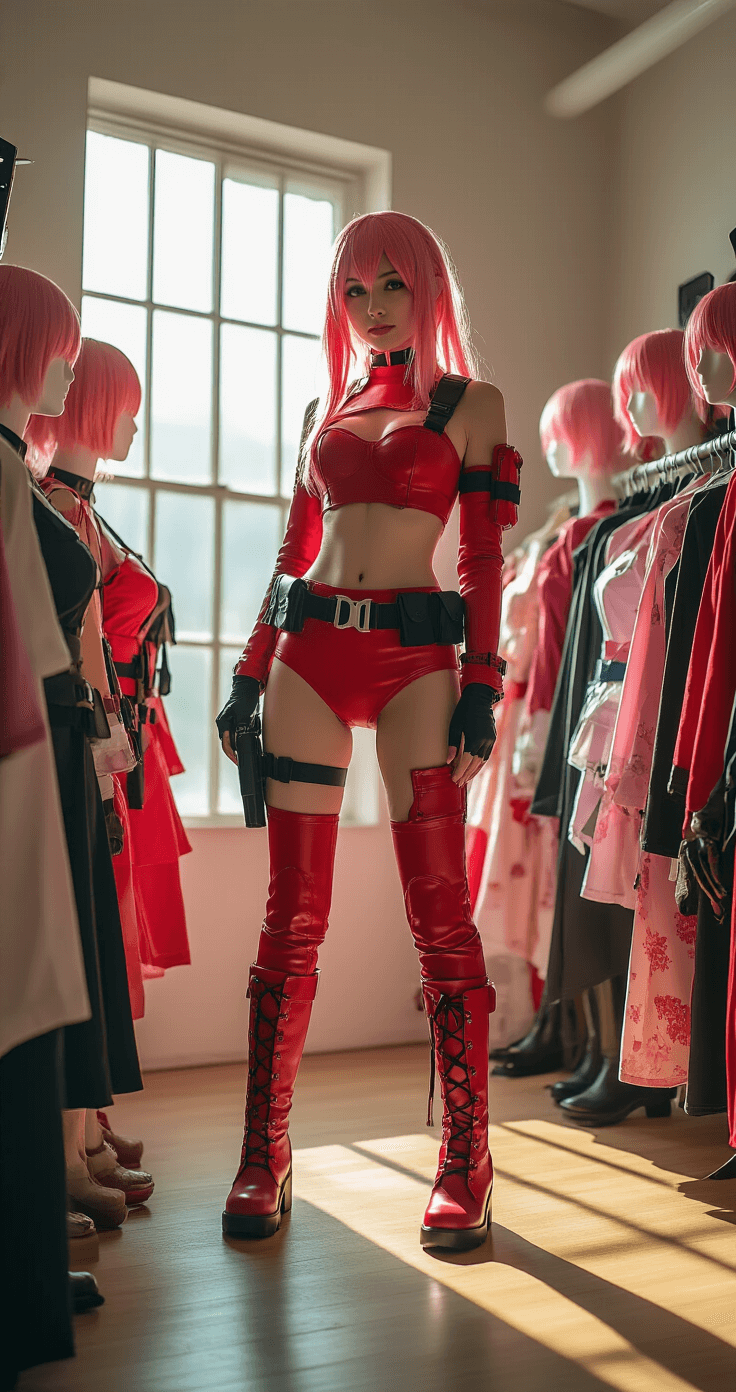 Ultimate Sakura Cosplay A woman models various Sakura costumes in a stylish photographer's loft during golden hour, surrounded by colorful cosplay outfits, pink wigs on mannequins, and professional lighting equipment. She wears a red combat outfit with tactical accessories and leather boots, with natural light casting dramatic shadows that highlight the textures and metallic details of her costume.