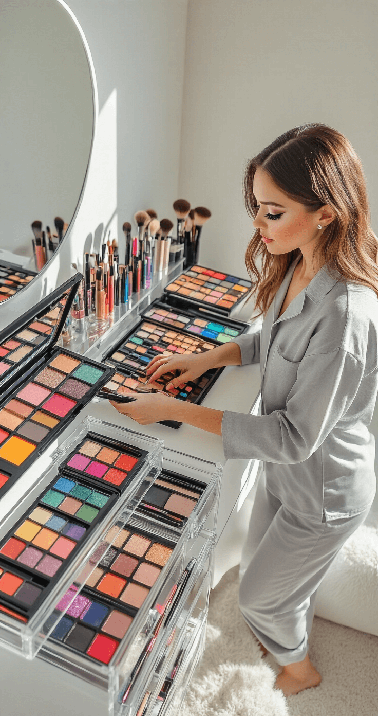 Cosplay Eye Makeup: Transform Your Look with Dramatic Character-Inspired Techniques A young woman in a soft gray pajama set organizes her extensive cosplay makeup collection on an acrylic vanity in a modern, minimalist bedroom illuminated by abundant morning sunlight. The mid-angle shot highlights a rainbow spectrum of jewel-toned eyeshadow palettes, professional brush sets, and colorful eyeliners, emphasizing the textures and organized styling of the makeup products.