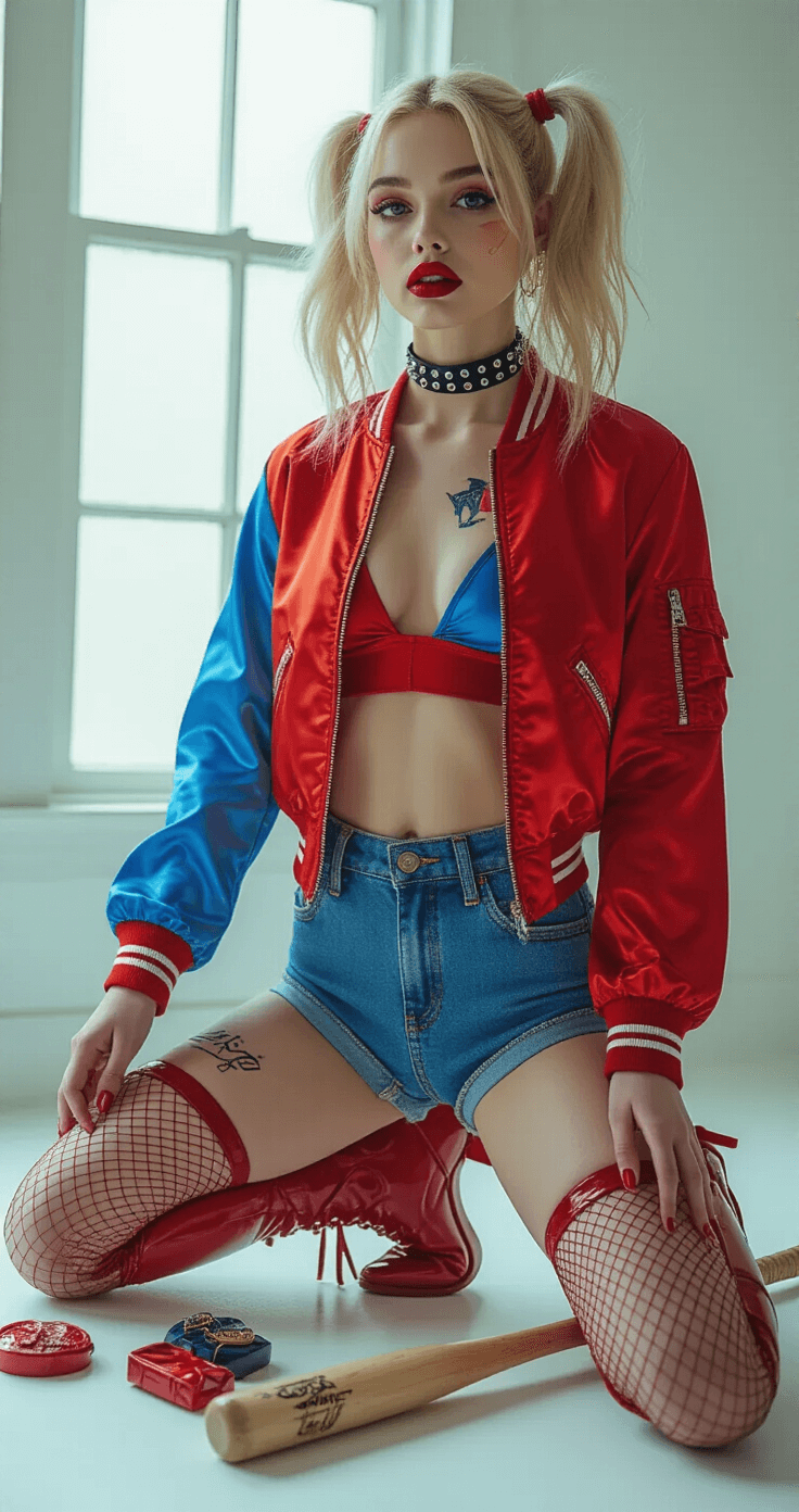 Epic Couples Halloween Costumes: Your Ultimate Guide to Turning Heads This Spooky Season! A minimalist studio setting featuring a fashion-forward Harley Quinn inspired outfit, with a model assembling red and blue color-blocked pieces including a satin bomber jacket, high-waisted shorts, and fishnet stockings. Accessories like a studded choker, temporary tattoos, bold red lipstick, and a baseball bat prop are stylishly arranged. Soft window lighting enhances the pastel pink and electric blue tones against a white backdrop, with close-up shots highlighting texture contrasts between smooth satin, rough denim, and glossy leather.