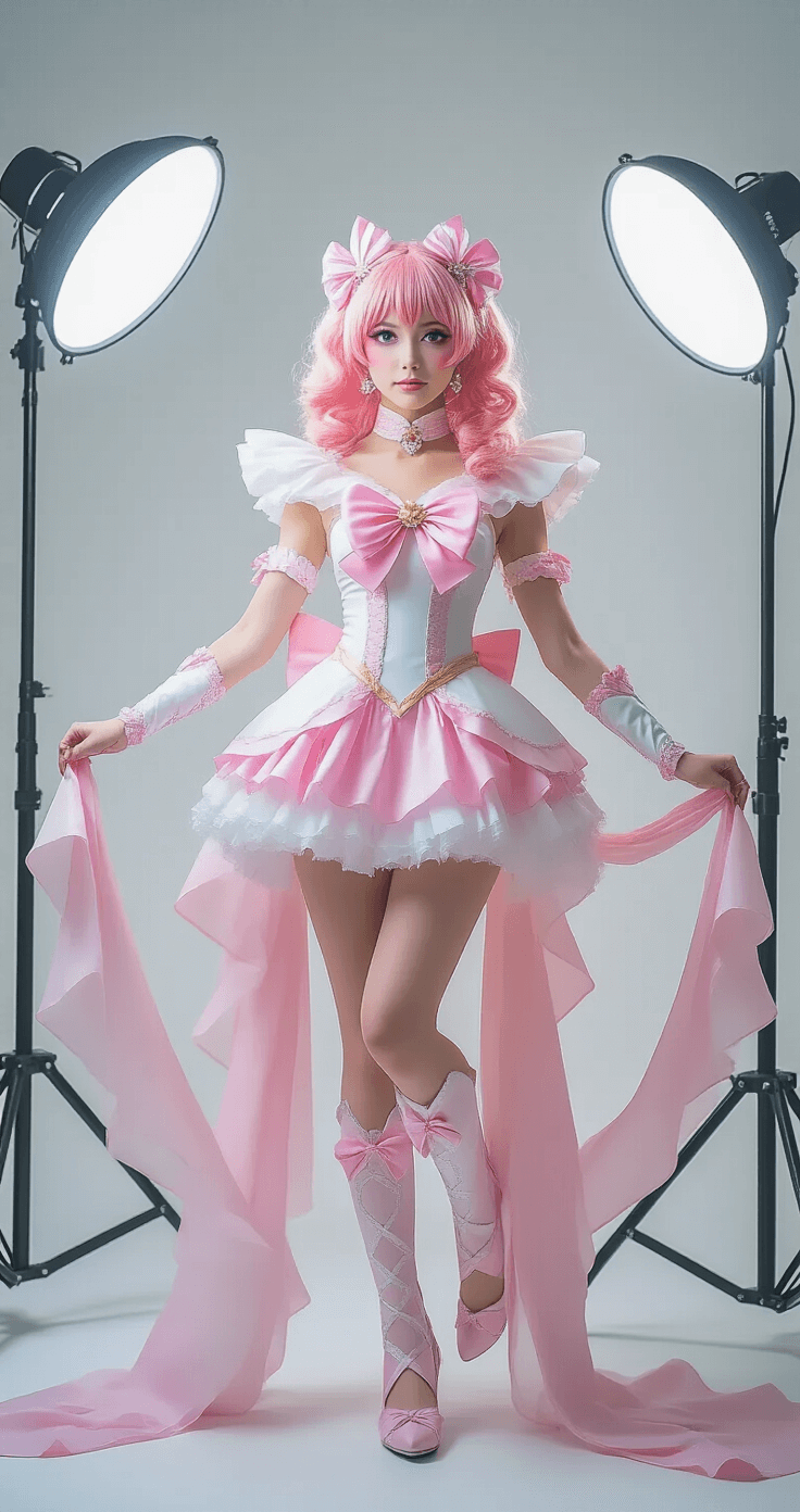 Ultimate Sakura Cosplay A woman in a pink and white magical girl costume strikes a transformation pose in a well-lit photography studio, surrounded by camera equipment and backdrop stands. Her flowing fabric and curled pink wig capture mid-motion elegance, enhanced by sparkling accessories and pastel makeup.