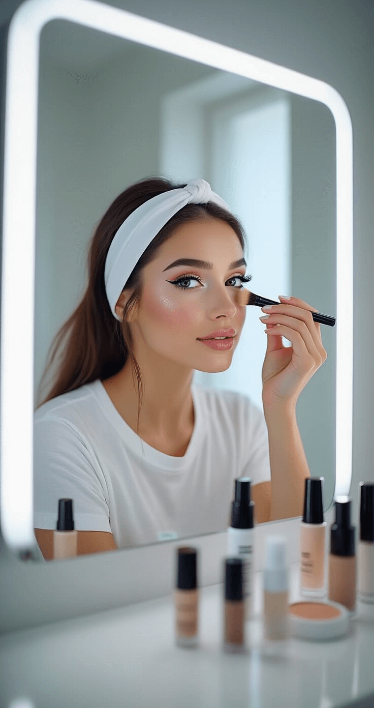 Cosplay Eye Makeup: Transform Your Look with Dramatic Character-Inspired Techniques A close-up of a female cosplayer applying eyeshadow primer in a bright, well-lit bathroom, showcasing smooth skin and makeup technique, with various primer tubes and setting sprays on a clean white countertop.