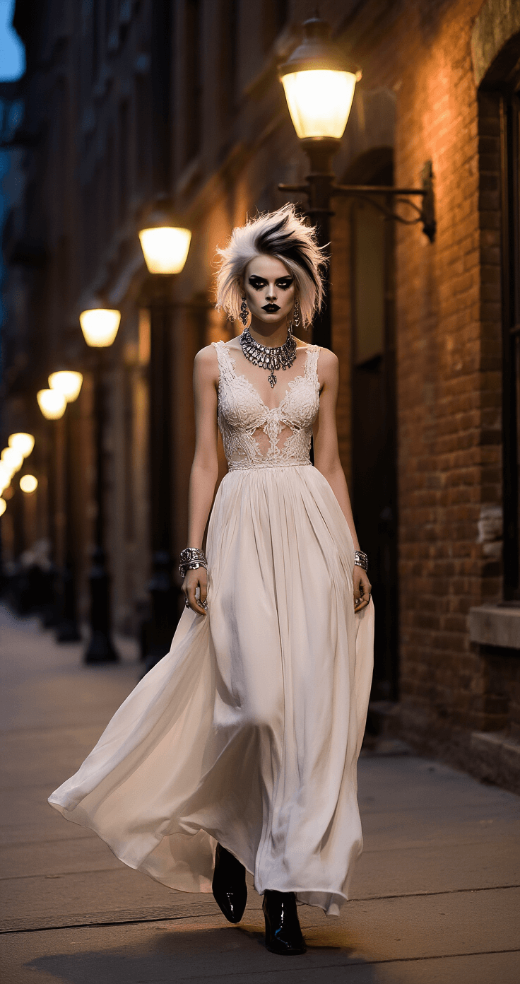 Epic Couples Halloween Costumes: Your Ultimate Guide to Turning Heads This Spooky Season! A sophisticated Bride of Frankenstein model in a flowing white maxi dress with lace details, statement silver jewelry, and bold dark makeup, walks through a fashionable downtown district under warm streetlamp glow, with an avant-garde updo and black patent leather boots. The urban backdrop features brick buildings and vintage lampposts, creating a cinematic atmosphere with golden lighting contrasting deep shadows.