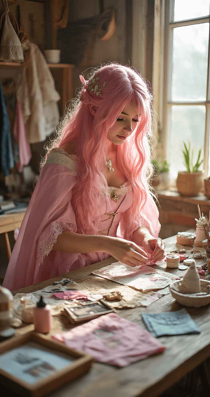 Ultimate Sakura Cosplay A cosplayer in a partially completed pink magical costume organizes DIY costume elements on a rustic wooden table, surrounded by thrifted pieces, handmade accessories, fabric swatches, and reference images, all bathed in cozy afternoon light.