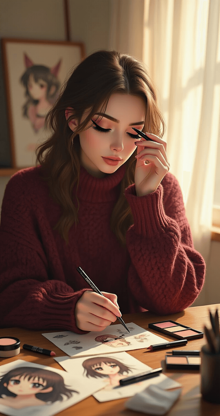 Cosplay Eye Makeup: Transform Your Look with Dramatic Character-Inspired Techniques A woman in an oversized burgundy knit sweater practices dramatic winged eyeliner in a cozy studio filled with warm afternoon sunlight. She references anime artwork, surrounded by precision eyeliner pens, makeup wipes, and character images on a vintage wooden desk. A close-up captures her steady hand as she creates a perfect graphic liner, with soft golden lighting illuminating her focused expression.