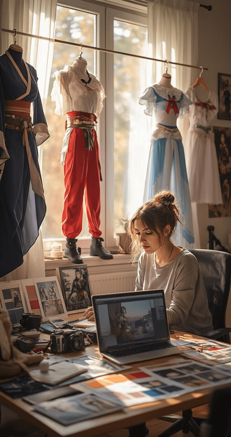 Ultimate Sakura Cosplay A woman in casual clothes sits at a laptop in a stylish home office, reviewing cosplay photos with various costumes hanging nearby, illuminated by soft window light, surrounded by photography equipment and color charts.