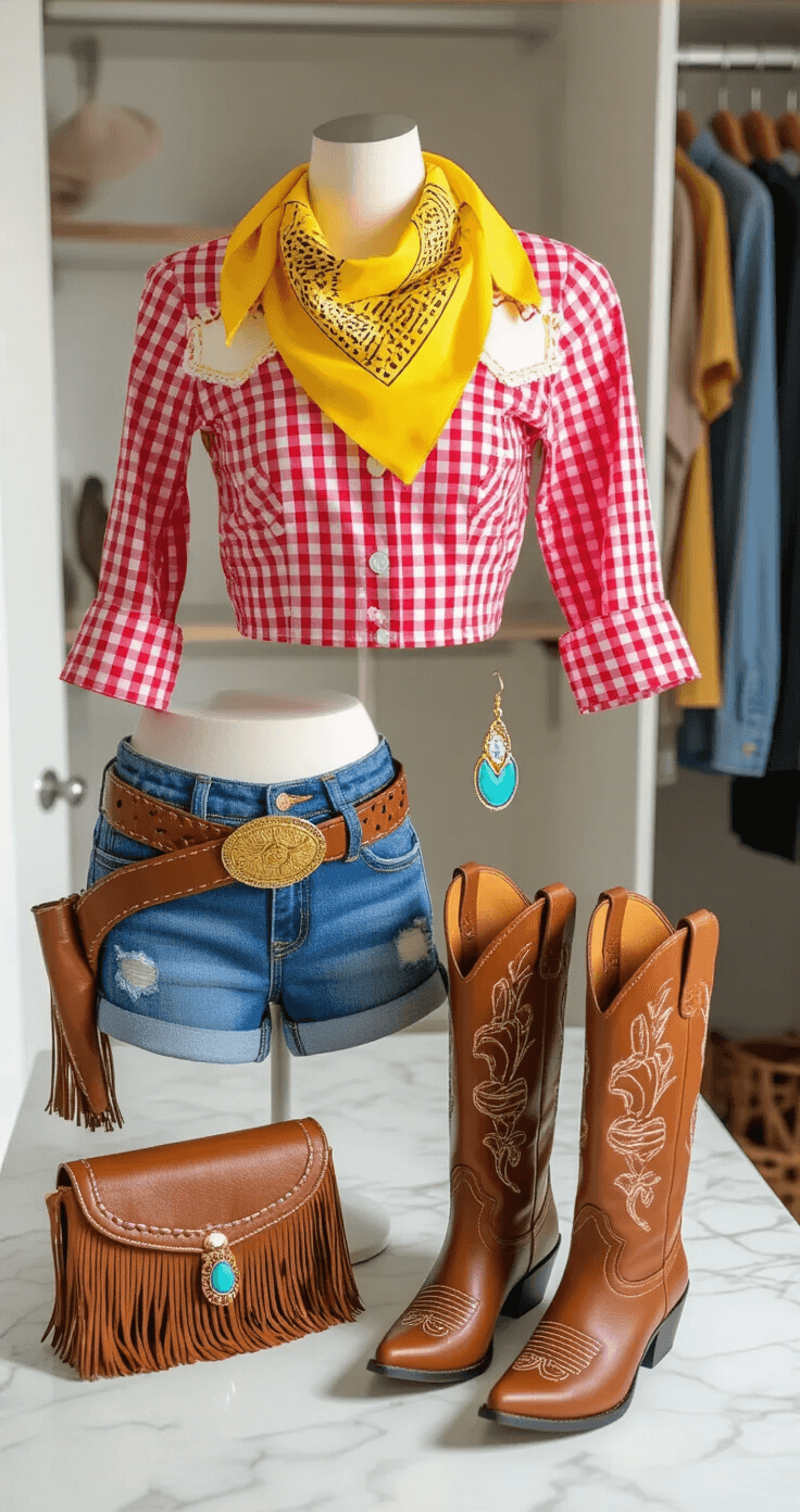 Epic Couples Halloween Costumes: Your Ultimate Guide to Turning Heads This Spooky Season! Brightly lit walk-in closet featuring organized DIY Toy Story Jessie costume elements including a red gingham crop top, distressed denim shorts, and brown suede cowboy boots; accessories like a braided leather belt, turquoise earrings, and a fringe crossbody bag are displayed on a marble vanity.