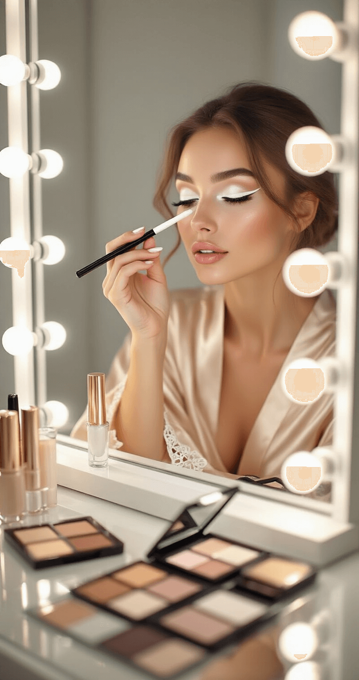 Cosplay Eye Makeup: Transform Your Look with Dramatic Character-Inspired Techniques Female model in a silk champagne robe applying white eyeliner to her waterline at a well-lit vanity with Hollywood-style bulb lighting, featuring a large mirror and an array of eyeliner shades and eye-brightening products, captured in an extreme close-up that highlights her technical skill and the makeup transformation.