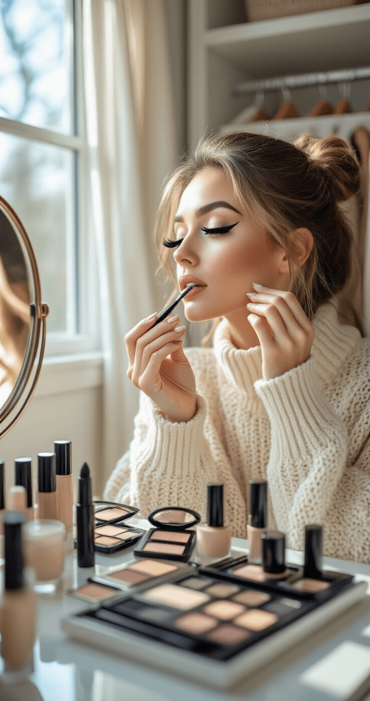 Cosplay Eye Makeup: Transform Your Look with Dramatic Character-Inspired Techniques A woman in a cream oversized sweater carefully applies dramatic false lashes in a spacious, organized walk-in closet, with natural light illuminating her makeup station and showcasing various lash styles and products on a mirrored tray.