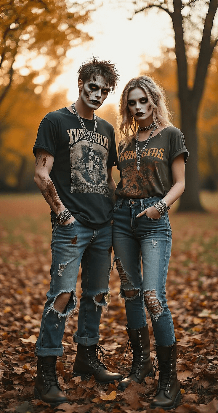 Epic Couples Halloween Costumes: Your Ultimate Guide to Turning Heads This Spooky Season! A stylish zombie couple poses in an autumn park, wearing distressed designer jeans, an oversized vintage band t-shirt, and combat boots, with soft afternoon light filtering through colorful foliage. Their special effects makeup enhances a fashionable undead look, captured with a shallow depth of field to highlight costume details.