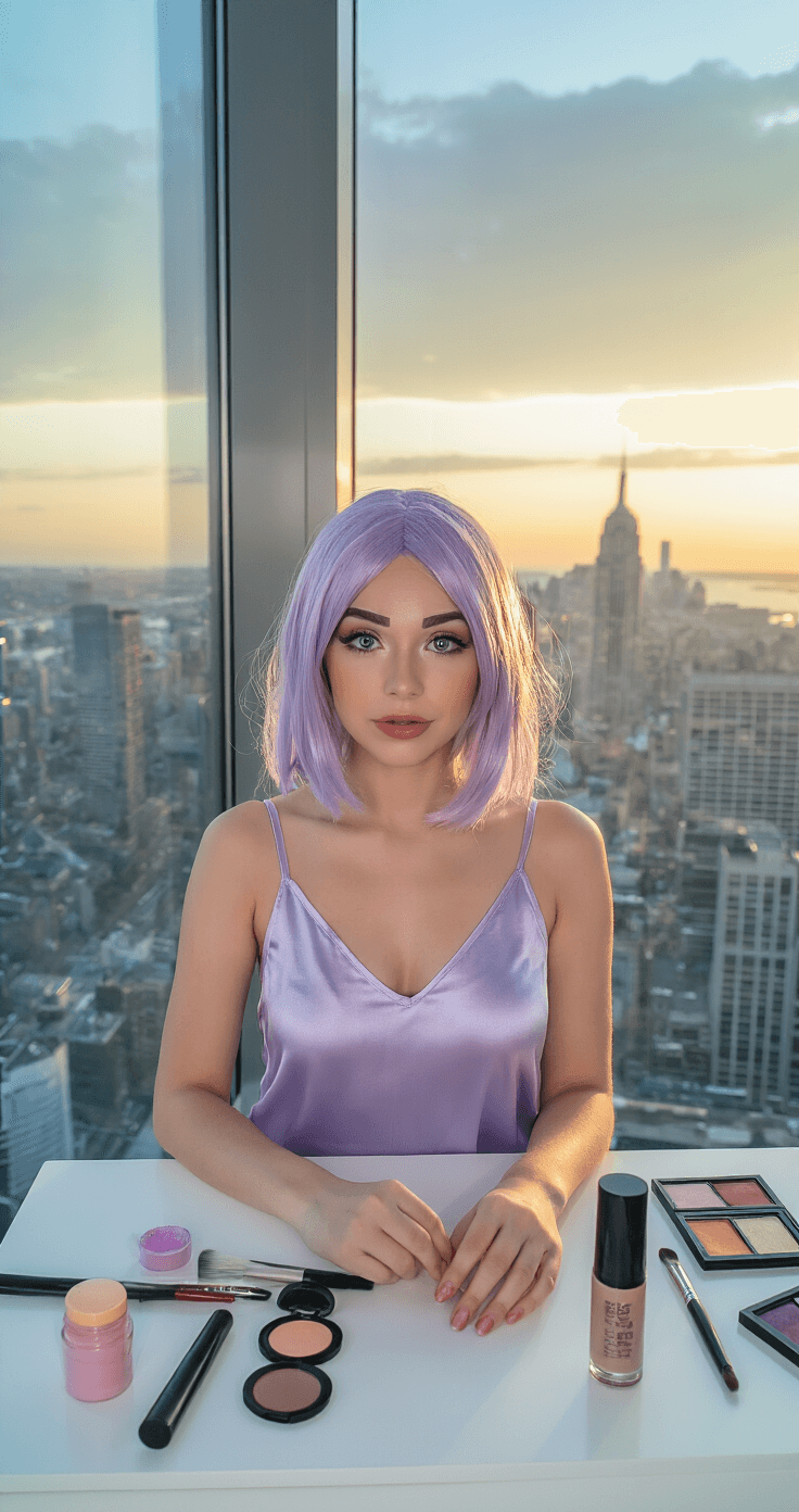 Cosplay Eye Makeup: Transform Your Look with Dramatic Character-Inspired Techniques A contemporary bedroom with floor-to-ceiling windows revealing a city view, featuring a female cosplayer in the process of transforming into her character, surrounded by temporary hair color products, brow gels, and shaping tools on a modern white dresser, wearing a soft lavender silk camisole, as late afternoon golden light enhances the dramatic before-and-after transformation effect.