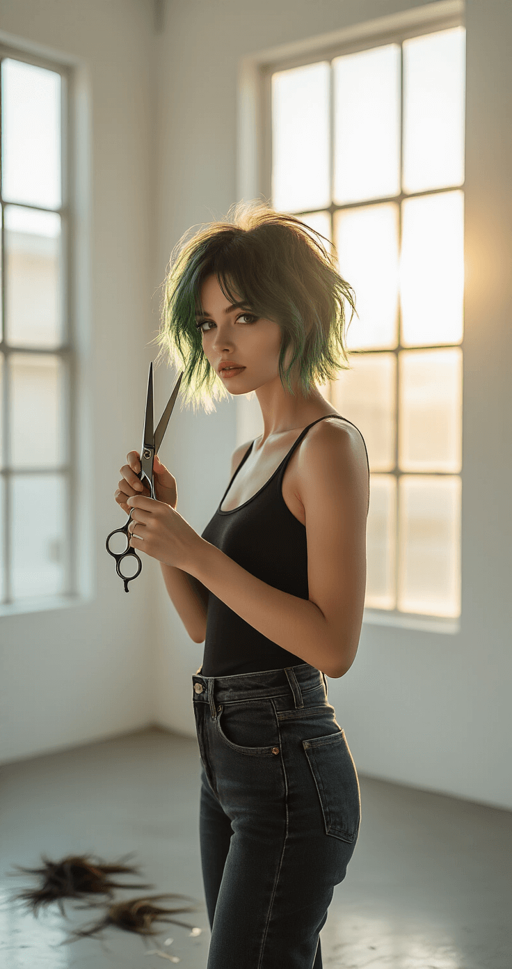 Photorealistic image of a young woman in a minimalist white studio during golden hour, holding hair cutting shears and styling her short messy green-tinted hair, with sunlight streaming through large windows and hair clippings on the polished concrete floor.