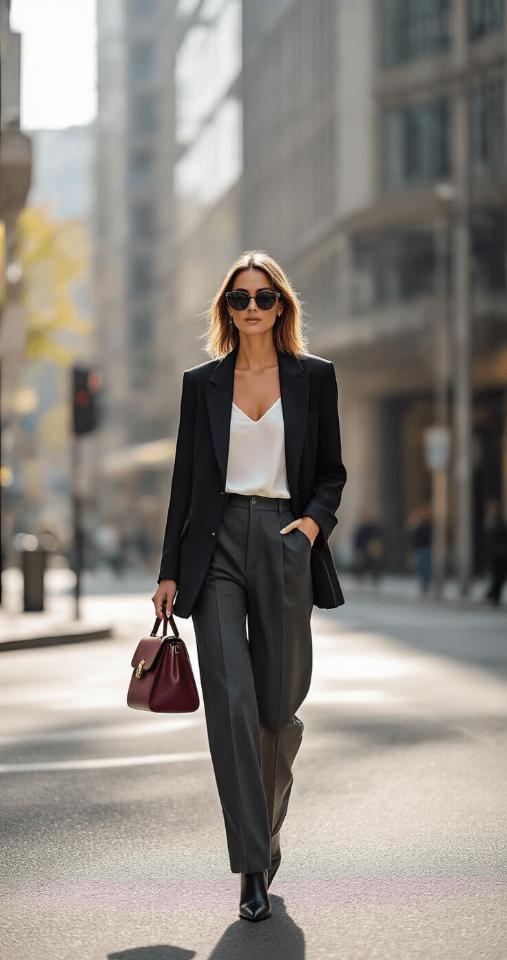 A confident woman walks down a chic urban street corner in midday sunlight, dressed in a monochrome outfit featuring an oversized black blazer, white silk camisole, and high-waisted charcoal trousers, complemented by pointed-toe leather boots and a structured burgundy handbag, with modern architecture in the background and soft natural shadows.