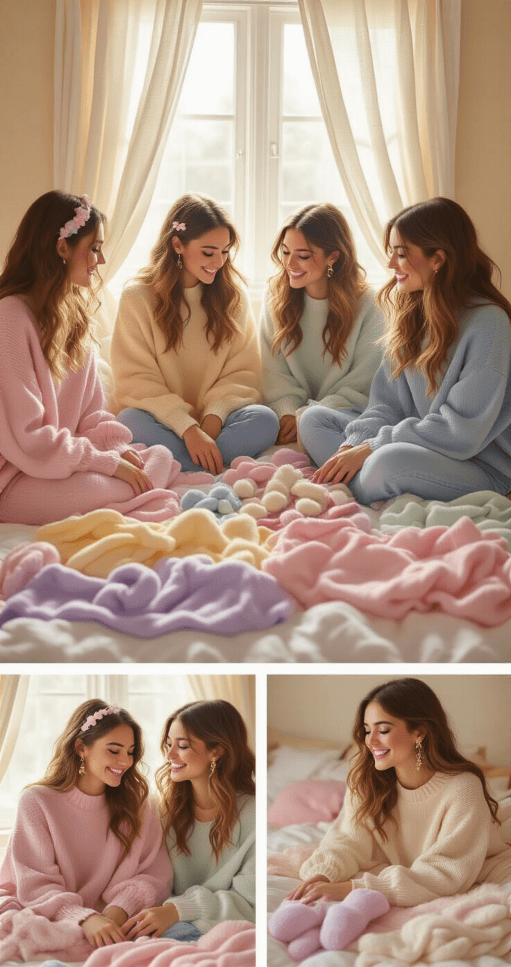 Four women gather in a cozy, sunlit bedroom to plan 90s Care Bears-themed outfits, surrounded by a pastel wardrobe of soft sweaters, colorful jackets, and fuzzy slippers, with close-up details of hair accessories and friendship bracelets creating an intimate girls' night atmosphere.