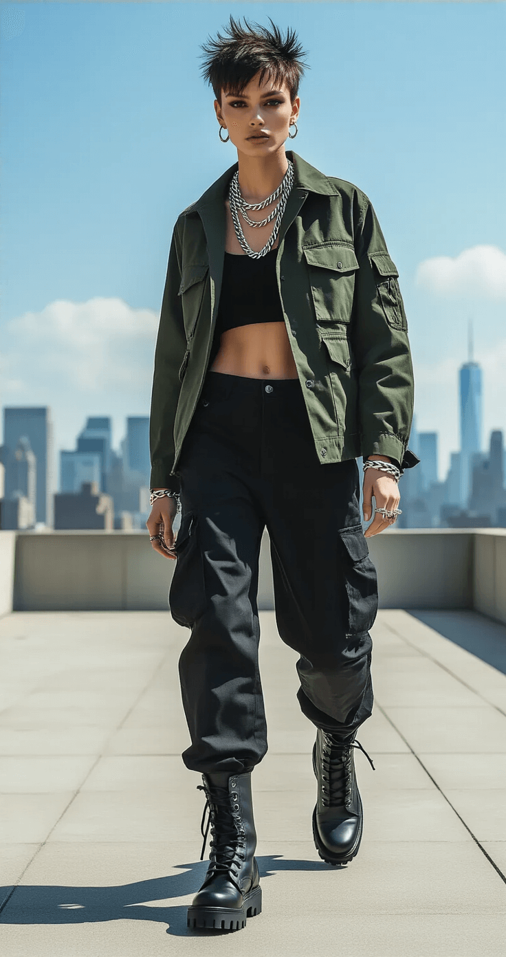 A confident model in fitted black cargo pants and a structured dark green jacket walks on an urban rooftop under midday sunlight, showcasing battle-inspired street style. Short textured hair moves with the breeze, and layered silver accessories catch the light. The city skyline creates a striking backdrop, with sharp shadows enhancing the powerful stance in this wide-angle shot.