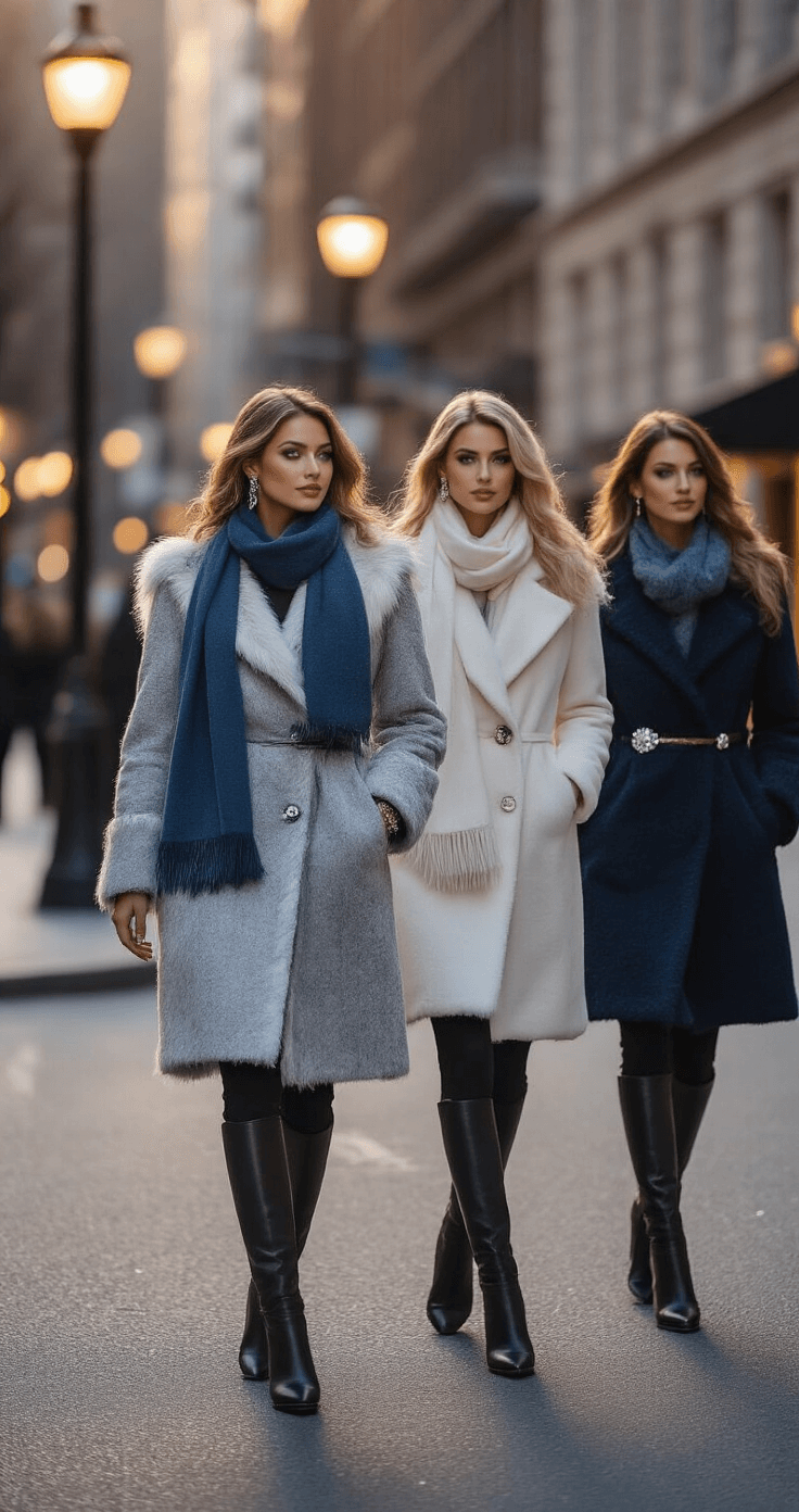 Four women dressed in elegant Frozen-inspired winter fashion confidently stride at a sophisticated urban street corner during golden hour. They wear luxurious winter coats, cashmere scarves, and leather boots, complemented by statement jewelry. The backdrop features soft streetlamp highlights, with a color palette of icy blues, pristine whites, silver metallics, and deep navy accents, creating a high-fashion editorial feel infused with authentic street style energy.