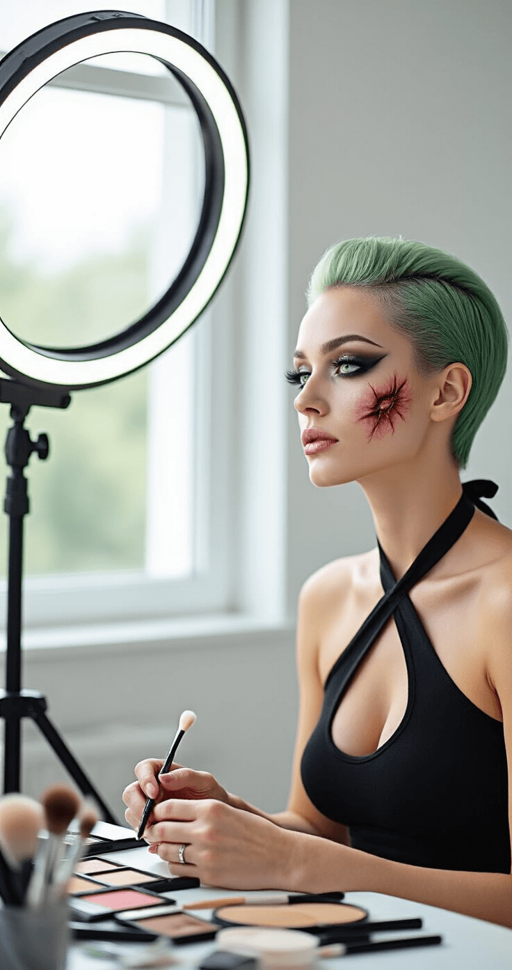 Close-up of a makeup artist applying special effects makeup to create realistic scar details on a model with short green-tinted hair, in a bright studio illuminated by ring light and natural light. Tools and products are neatly arranged on a white table.