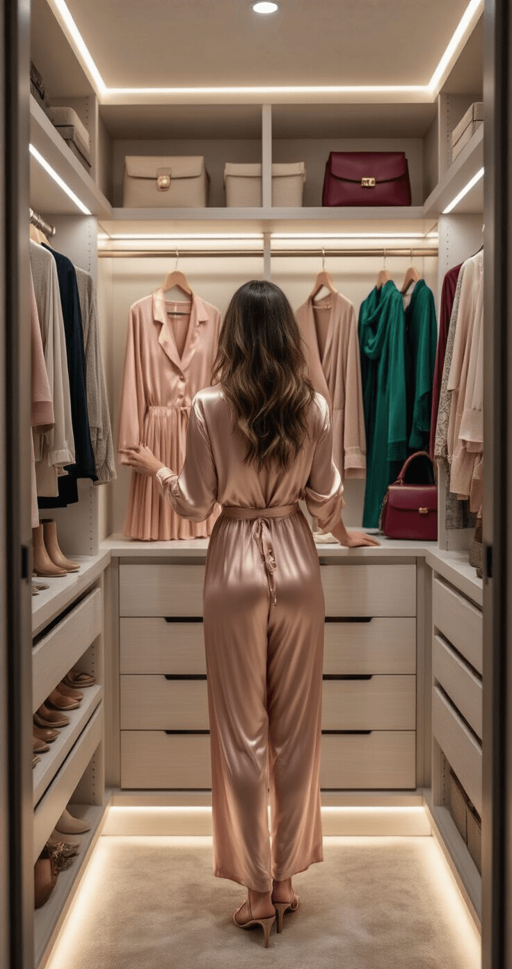 A woman in blush pink silk pajamas stands in an elegant walk-in closet, selecting outfit pieces from organized shelves, including a pleated skirt and cashmere cardigan, illuminated by ambient LED lighting; the space features neutral tones accented with jewel-colored accessories.