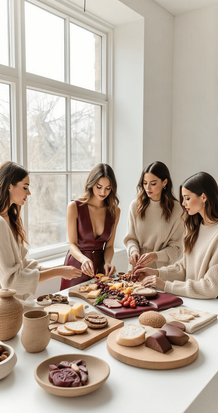 A minimalist white studio bathed in bright natural light featuring four women modeling fashion inspired by a charcuterie board, showcasing rich burgundy leather, creamy beige cashmere, textured brown tweeds, and fresh green silk accents, arranged artfully with organic textures and an earthy color palette.