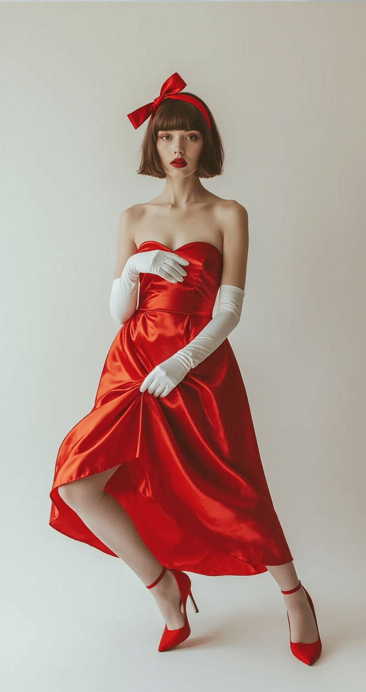 Perfect Blue Cosplay: Bringing Mima Kirigoe's Iconic Red Dress to Life A model poses in a vibrant red satin tube dress and white elbow-length gloves in a minimalist white studio, with soft diffused lighting highlighting the dress's texture. She accessorizes with a red ribbon headband and short brown bob wig, wearing nude stockings and red closed-toe pumps. The composition conveys vulnerability and elegance.