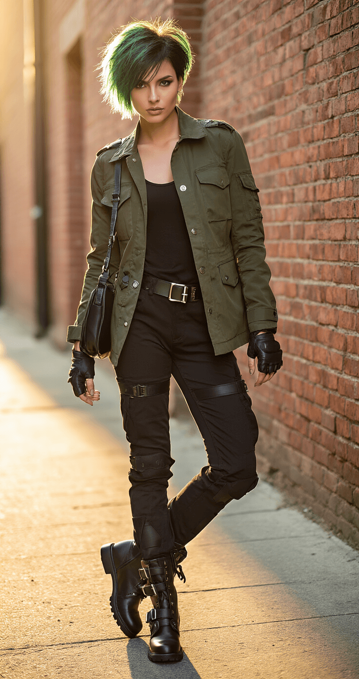 A confident model in a dark green military-style jacket and black tactical pants poses against a brick wall during golden hour, showcasing short messy hair with green highlights, combat boots, a leather shoulder bag, and fingerless gloves in a dynamic street style setting.