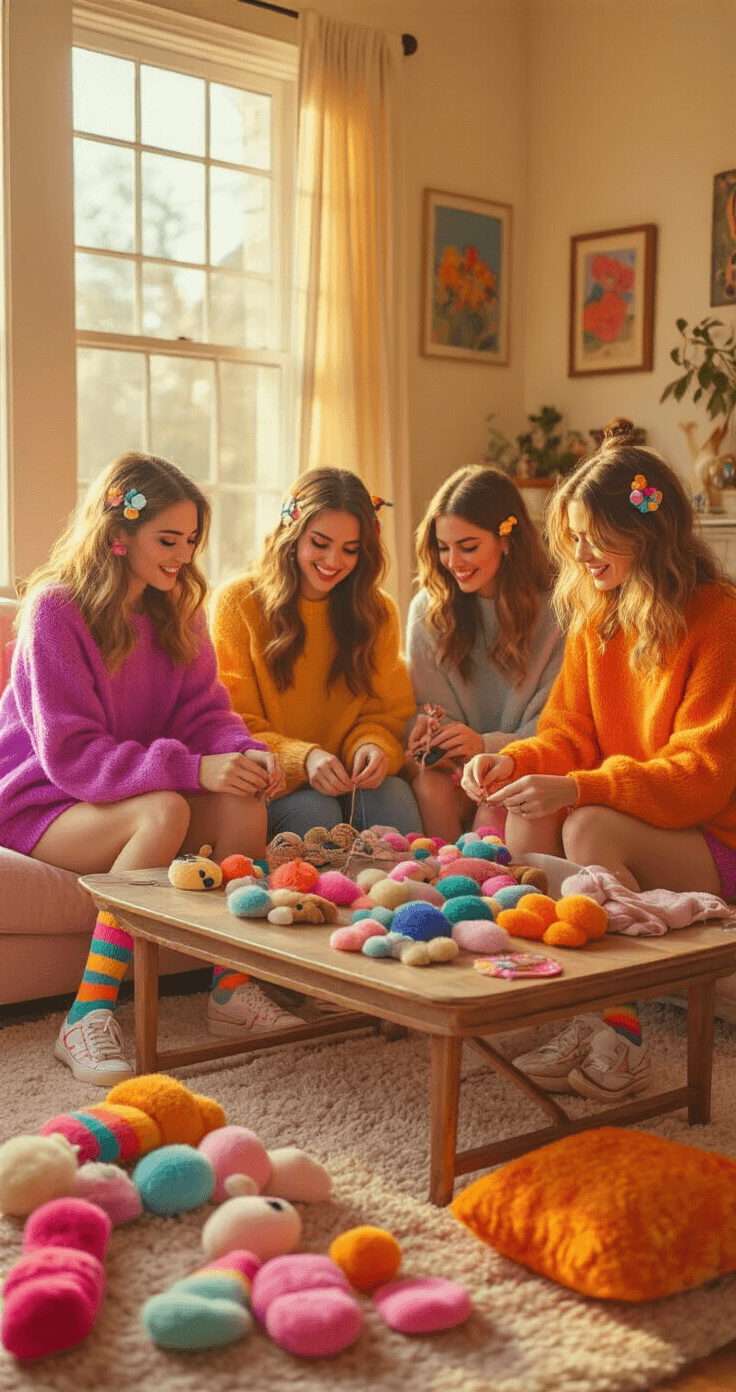 Vintage-inspired living room with warm ambient lighting where four women prepare for a throwback Beanie Babies costume party, surrounded by retro furniture and colorful accessories like fuzzy sweaters and playful hair clips, while soft textures and a vibrant color palette create a nostalgic atmosphere.