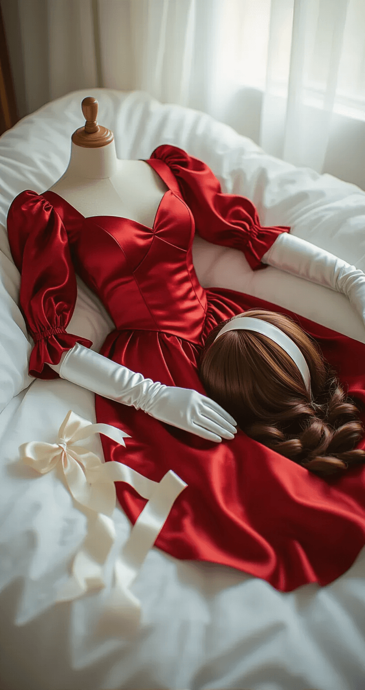Perfect Blue Cosplay: Bringing Mima Kirigoe's Iconic Red Dress to Life Close-up styling shot of a cozy bedroom featuring a red satin dress, white elbow gloves, a ribbon headband, and a brown wig arranged on white bedding, illuminated by soft ambient light.