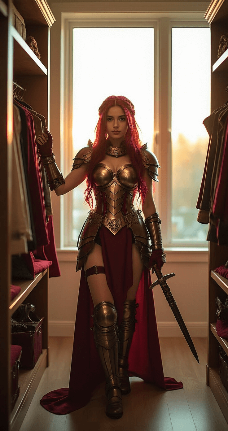 Red Hair Anime Cosplay: Your Ultimate Character and Styling A confident young woman in a spacious, sunlit walk-in closet tries on a crimson warrior-inspired costume with metallic armor, showcasing rich burgundy hair extensions and leather accessories; intricate prop weapons are displayed on velvet-lined shelves.
