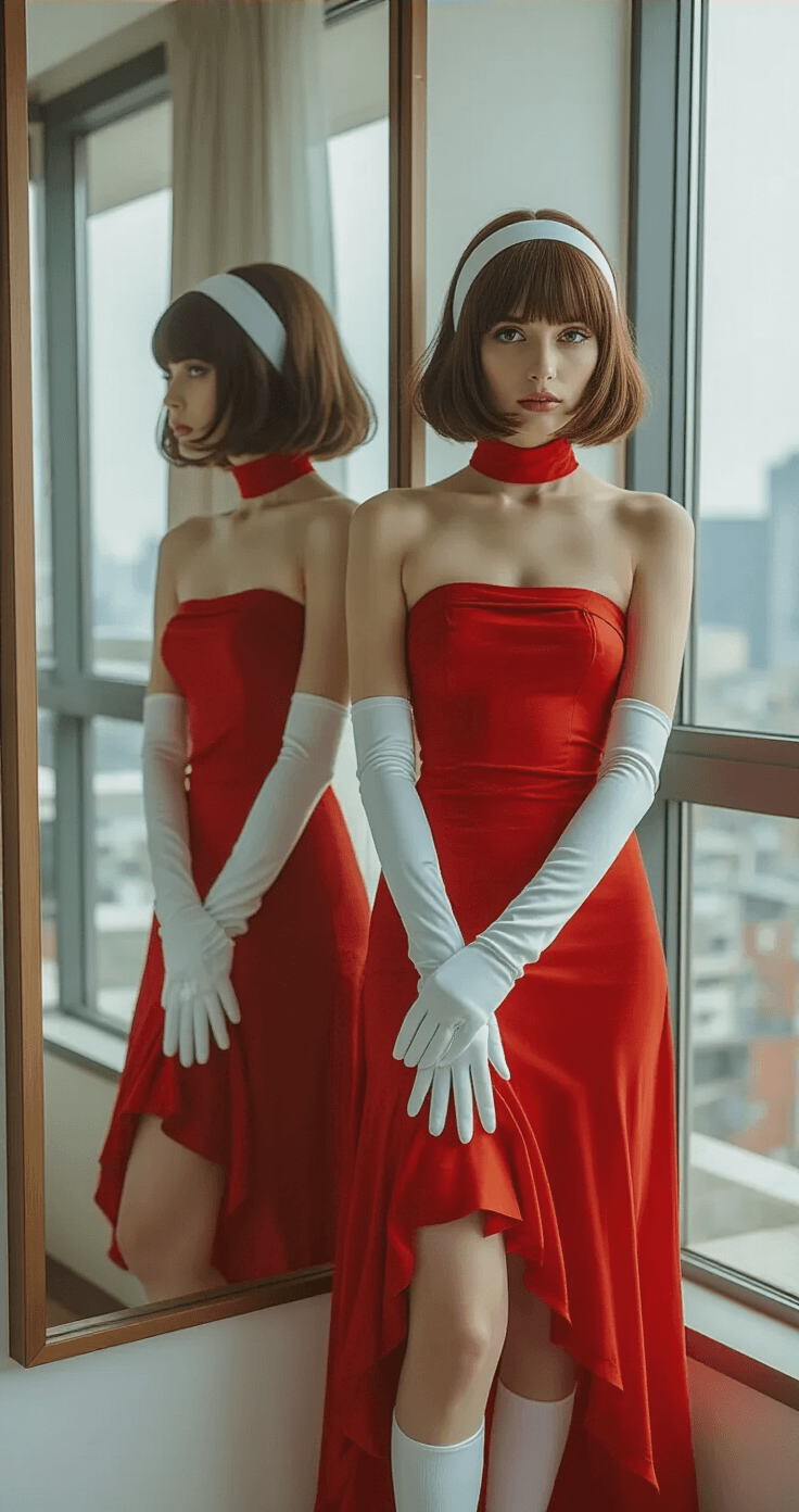 Perfect Blue Cosplay: Bringing Mima Kirigoe's Iconic Red Dress to Life A fashion model poses in a modern apartment living room, wearing a red tube dress, white gloves, a headband, and a short brown wig, with natural light streaming through large windows and reflections in a mirror enhancing the scene.