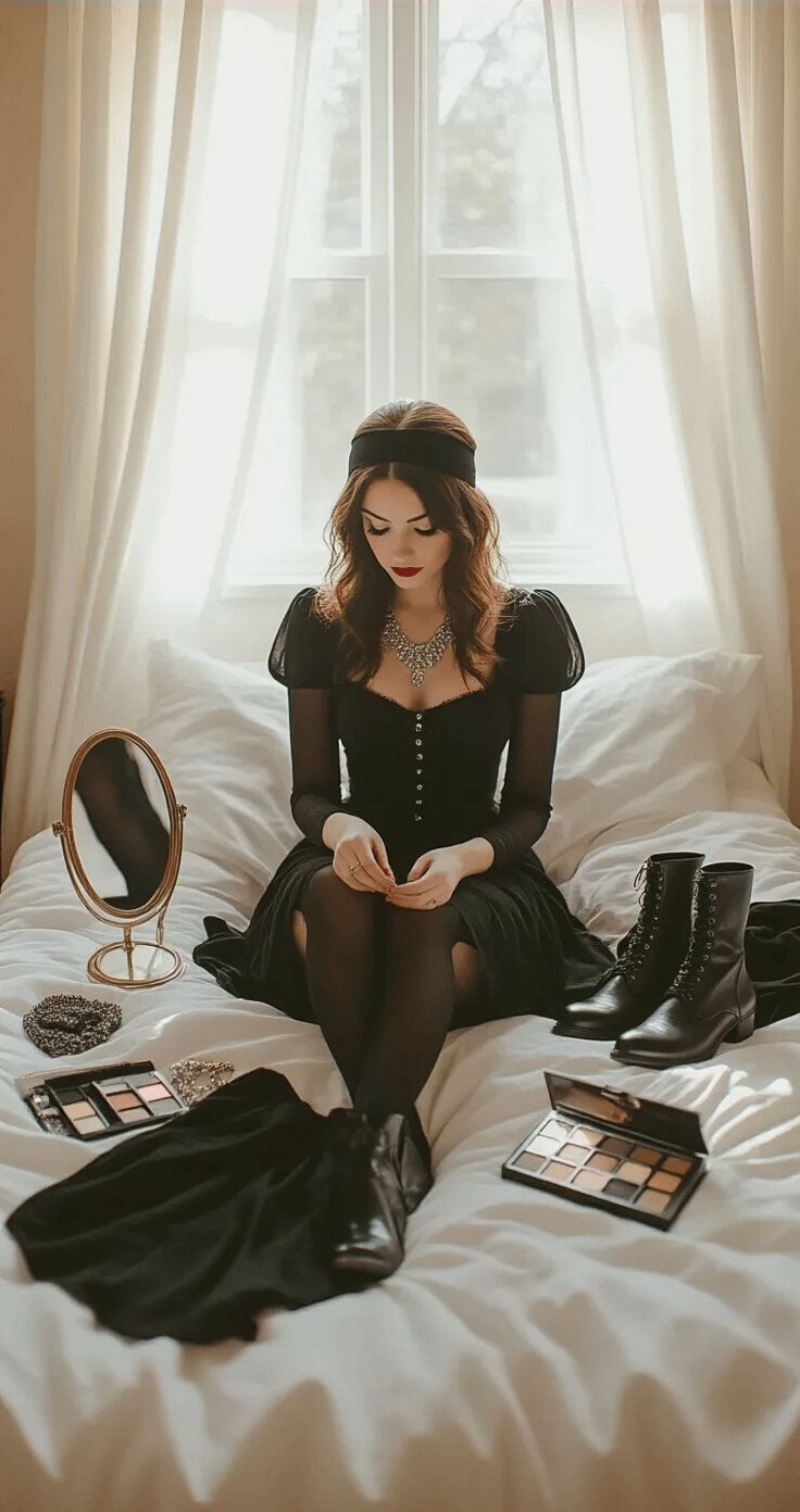 Black Halloween Costumes: Your Ultimate Style Guide for Killer Looks A woman sits on her bed in a cozy bedroom, softly lit by morning light through white curtains. She examines a black headband, surrounded by budget-friendly costume pieces including a thrifted black dress, vintage leather boots, dark tights, and scattered silver jewelry on cream bedsheets. A small mirror and makeup palette are visible, capturing an intimate styling session for her Wednesday Addams look.