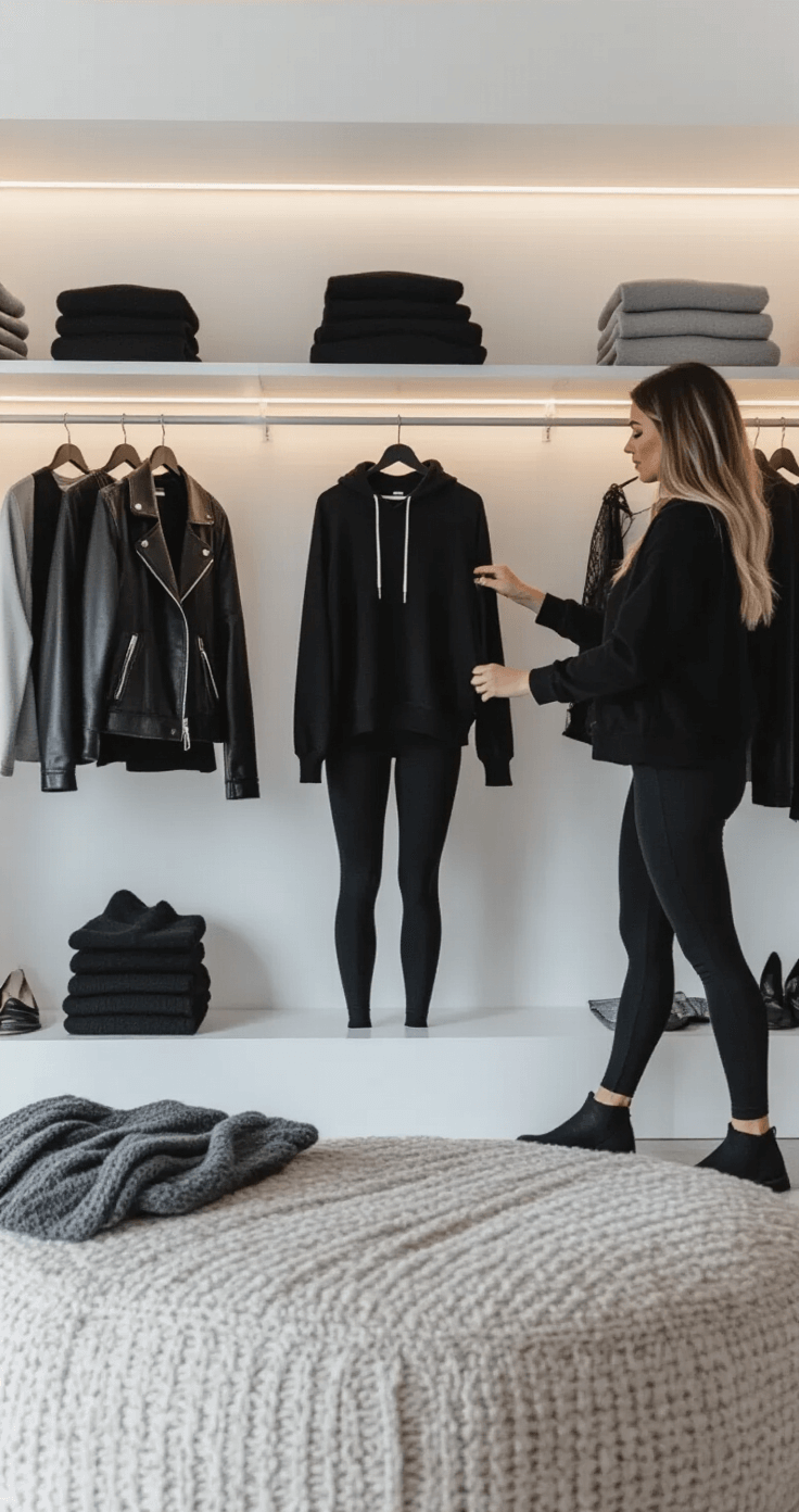 Black Halloween Costumes: Your Ultimate Style Guide for Killer Looks A woman curates a minimalist walk-in closet featuring organized black garments, selecting essential costume pieces while examining a black velvet blazer against various textured fabrics on a modern ottoman, all illuminated by soft LED lighting.