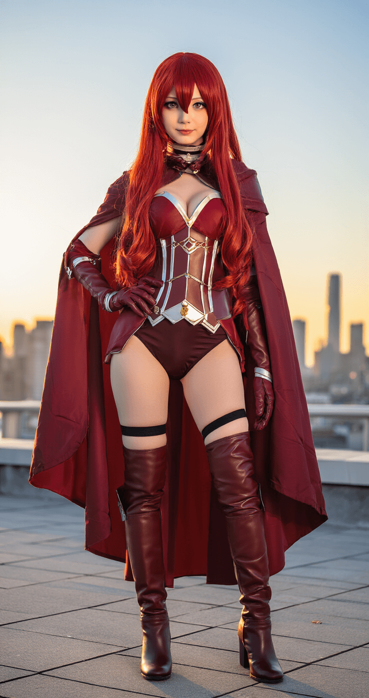 Red Hair Anime Cosplay: Your Ultimate Character and Styling A confident cosplayer on a rooftop during golden hour, wearing a vibrant red-haired anime character costume with layered fabrics, a flowing cape, metallic accents, and knee-high boots, against a dramatic city skyline backdrop.