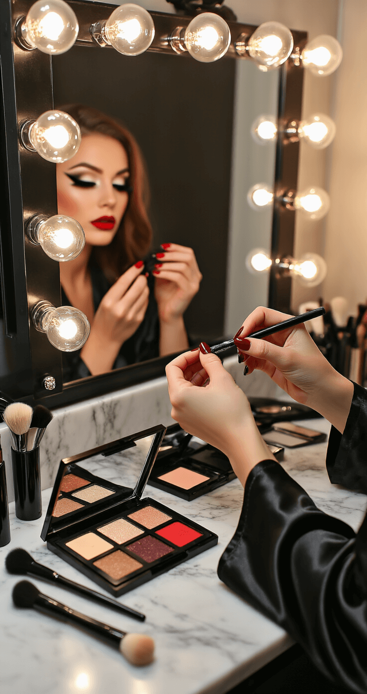 Black Halloween Costumes: Your Ultimate Style Guide for Killer Looks Close-up of a woman in a black silk robe applying dramatic black eyeliner and bold red lipstick at a chic vanity with Hollywood-style mirror bulbs, surrounded by cosmetics on a marble countertop.